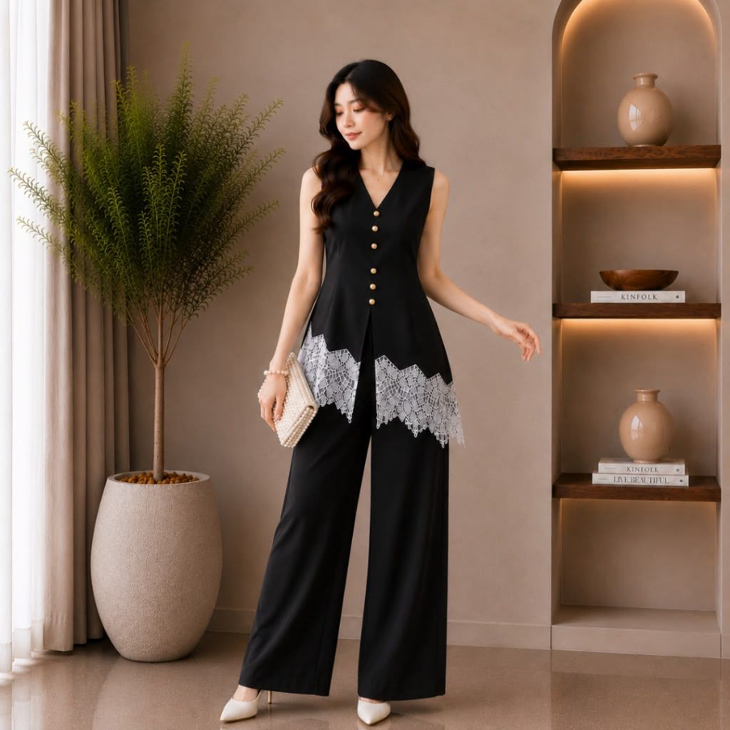 Maharani One Set Vest Dan Celana - Setelan Wanita Kombinasi Renda