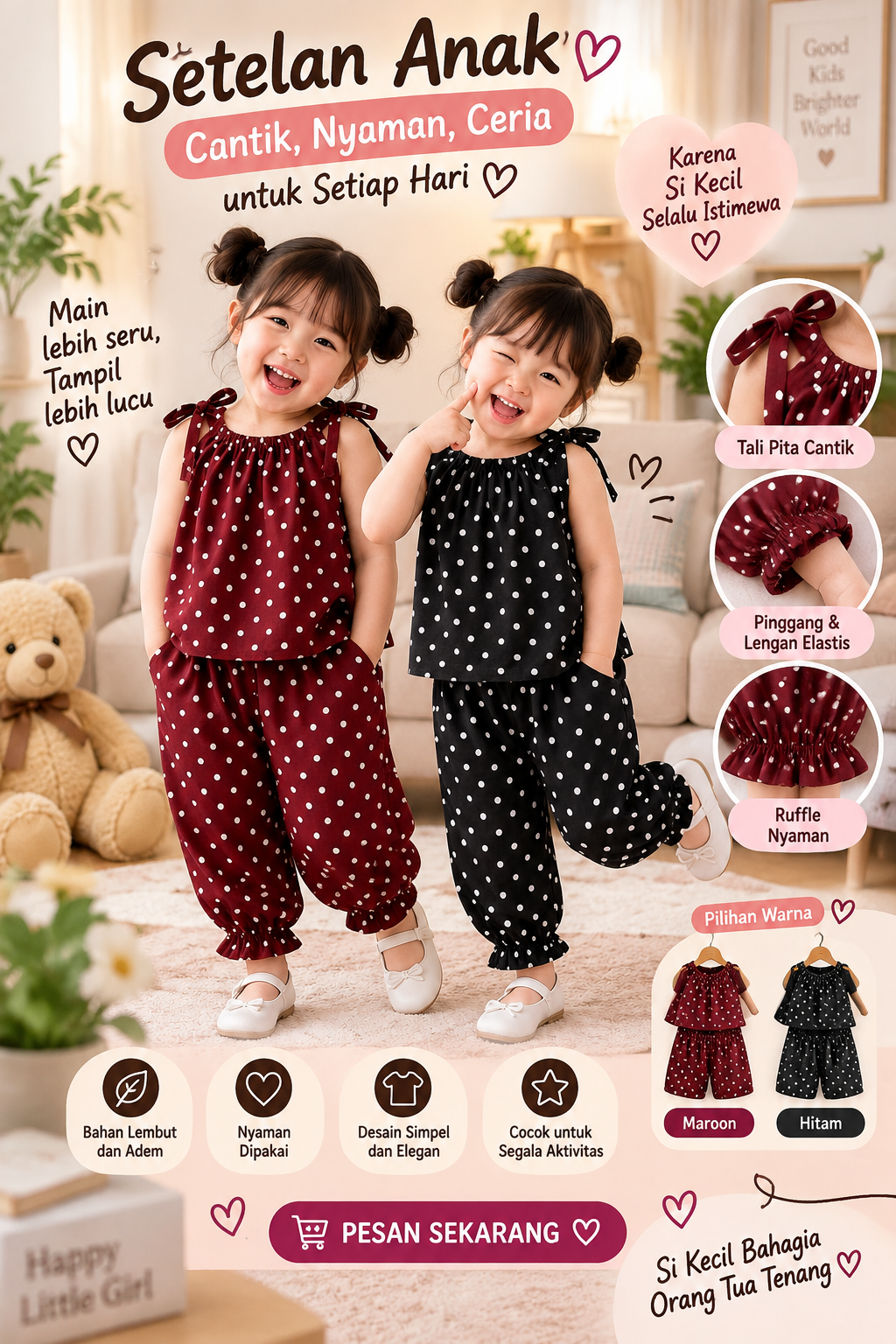 SETELAN ANAK PEREMPUAN MOTIF POLKADOT PITA USIA 1-5 TAHUN/FASHION ANAK PEREMPUAN LUCU KEKINIAN