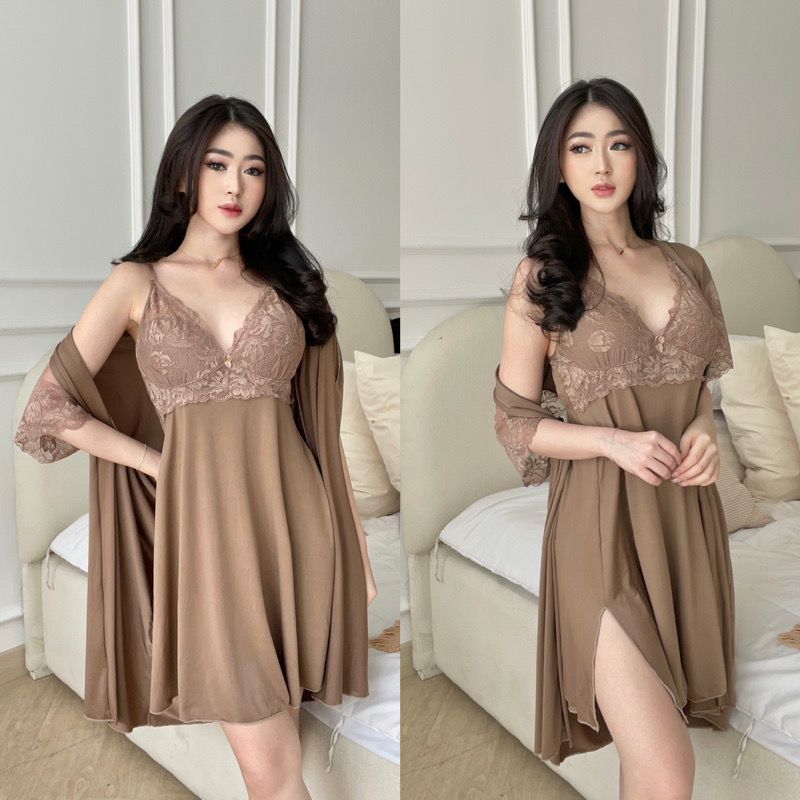 Chelsii Sleepwear Dress Kimono + Panties + Belt in Mocca Color F1004