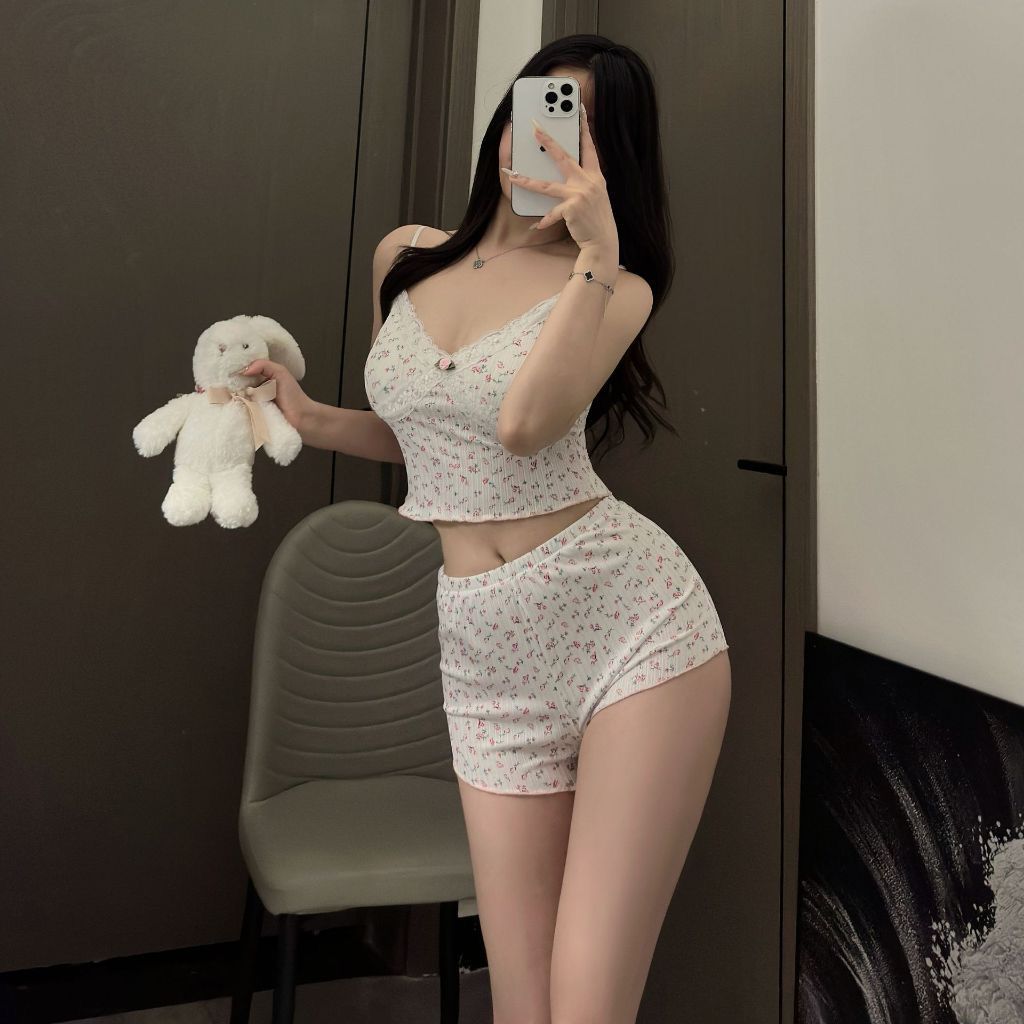 Baju Tidur Piyama Wanita BS-2385 Setelan Set Tank Top Celana Pendek V Neck Bunga Sling Manis Sexy
